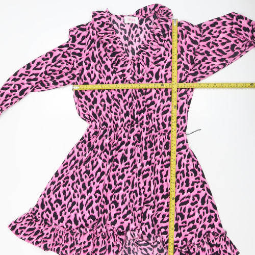 Savida Women's Pink Leopard Print Ruffle Long Sleeve A-Line Dress Size 10