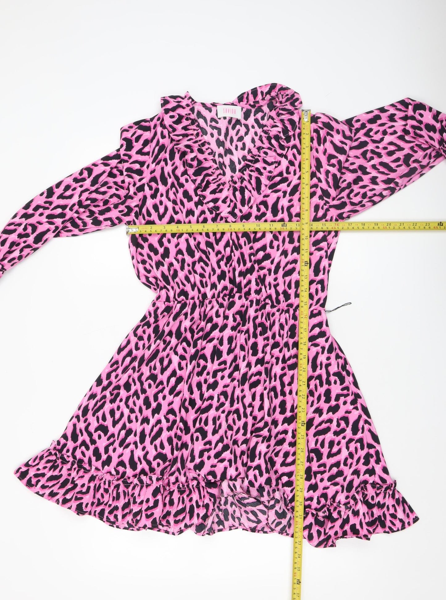 Savida Women's Pink Leopard Print Ruffle Long Sleeve A-Line Dress Size 10