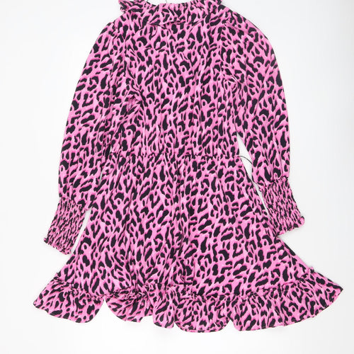 Savida Women's Pink Leopard Print Ruffle Long Sleeve A-Line Dress Size 10