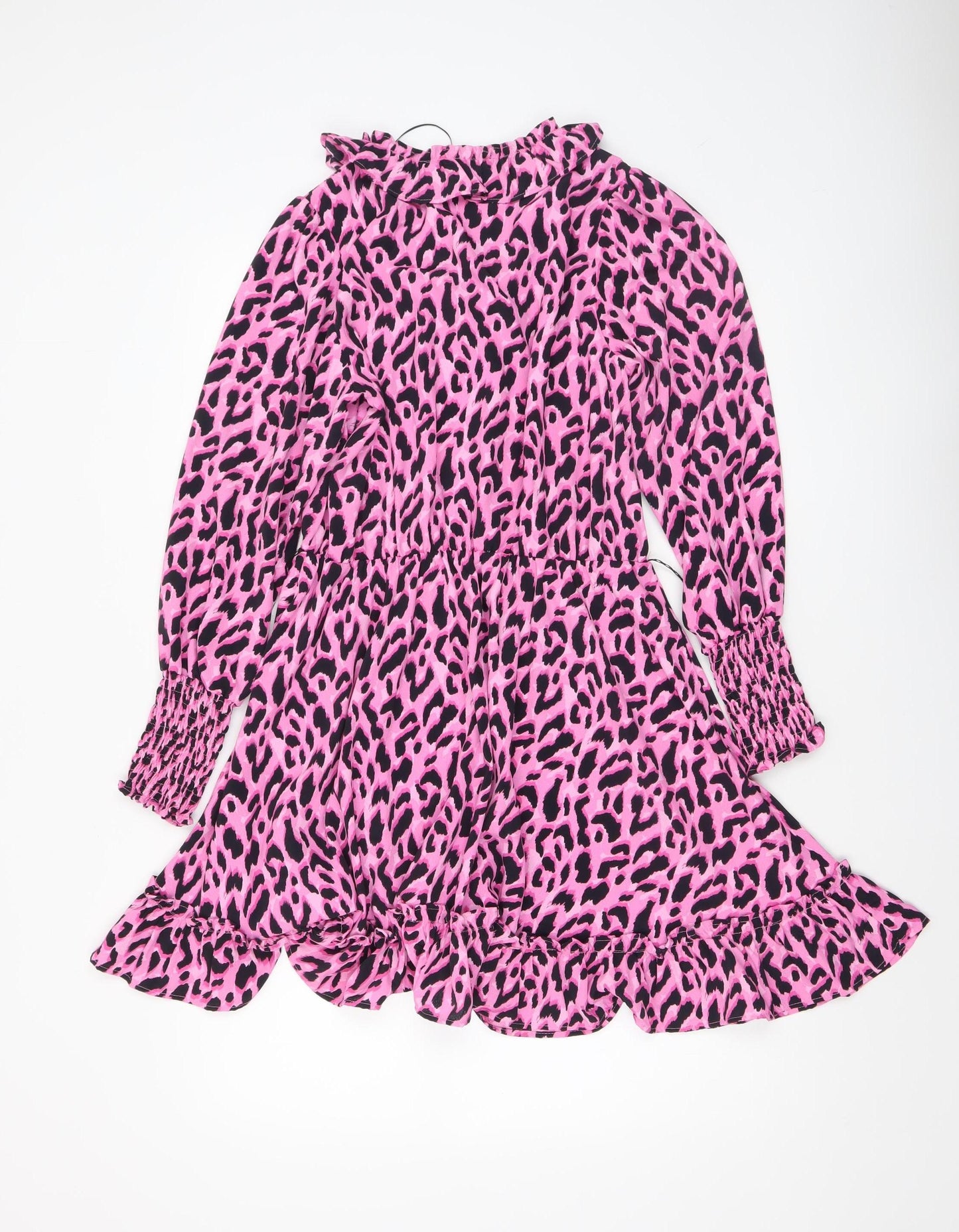 Savida Women's Pink Leopard Print Ruffle Long Sleeve A-Line Dress Size 10