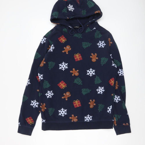 Livergy Men’s Blue Christmas Hoodie M Pullover Fleece Cotton Blend