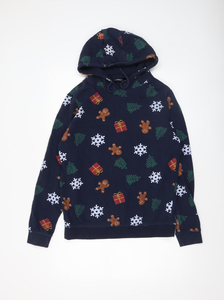Livergy Men’s Blue Christmas Hoodie M Pullover Fleece Cotton Blend