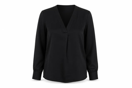 Front view of Dunnes Women's Black V-Neck Long Sleeve Polyester Blouse, size M
