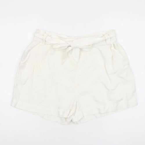 Mango Women’s Ivory Paperbag Cotton Linen Belted Shorts Size M