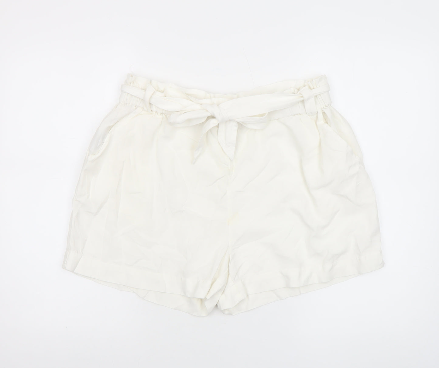 Mango Women’s Ivory Paperbag Cotton Linen Belted Shorts Size M