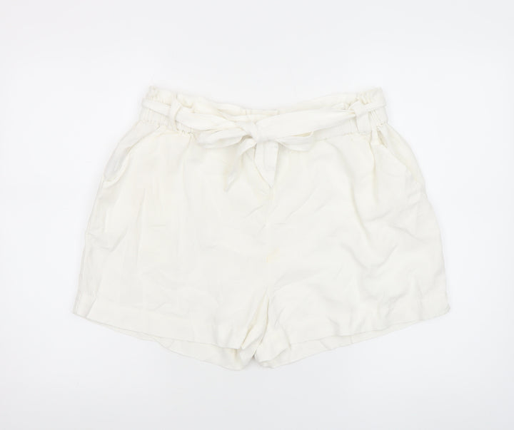 Mango Women’s Ivory Paperbag Cotton Linen Belted Shorts Size M