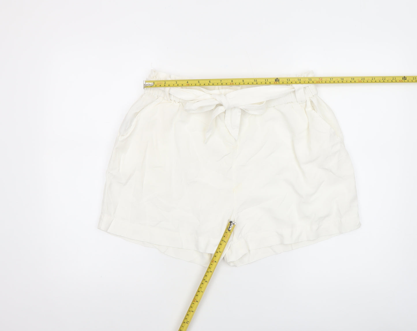 Mango Women’s Ivory Paperbag Cotton Linen Belted Shorts Size M