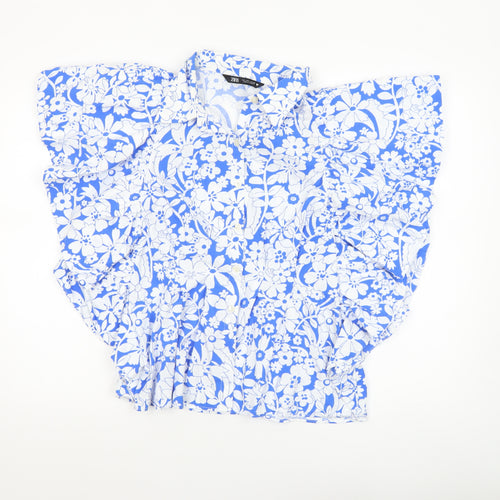 Zara Womens Blue Floral Cotton Ruffle Blouse Size L