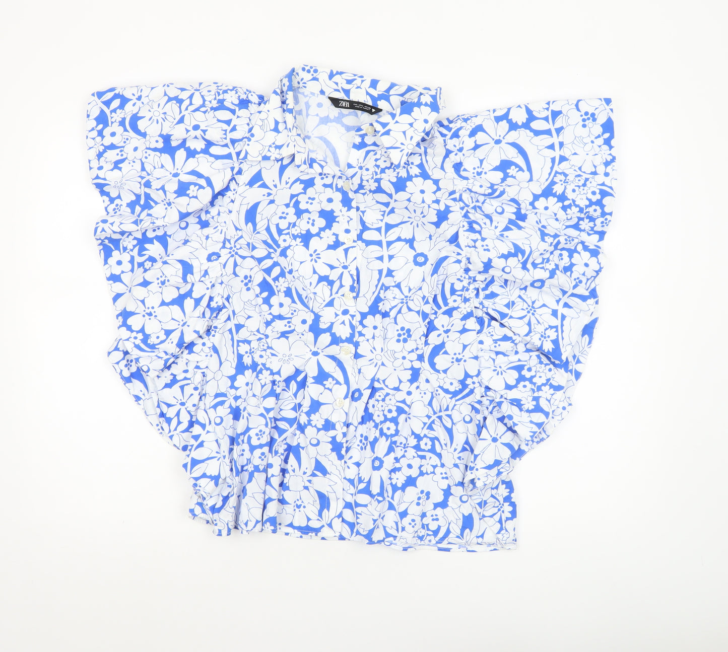 Zara Womens Blue Floral Cotton Ruffle Blouse Size L