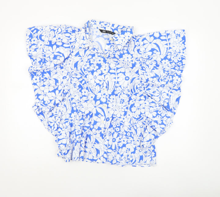 Zara Womens Blue Floral Cotton Ruffle Blouse Size L