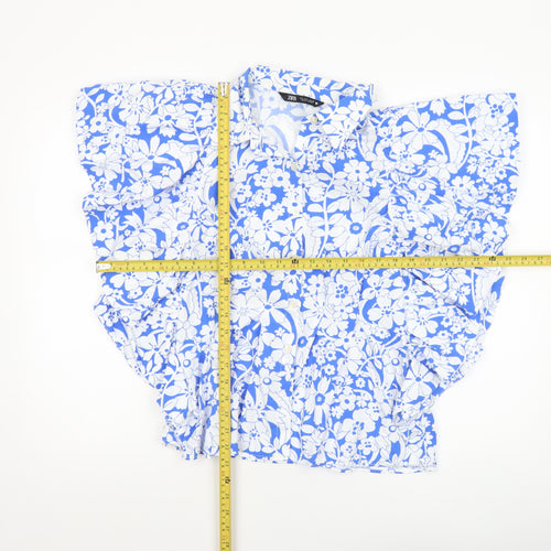 Zara Womens Blue Floral Cotton Ruffle Blouse Size L
