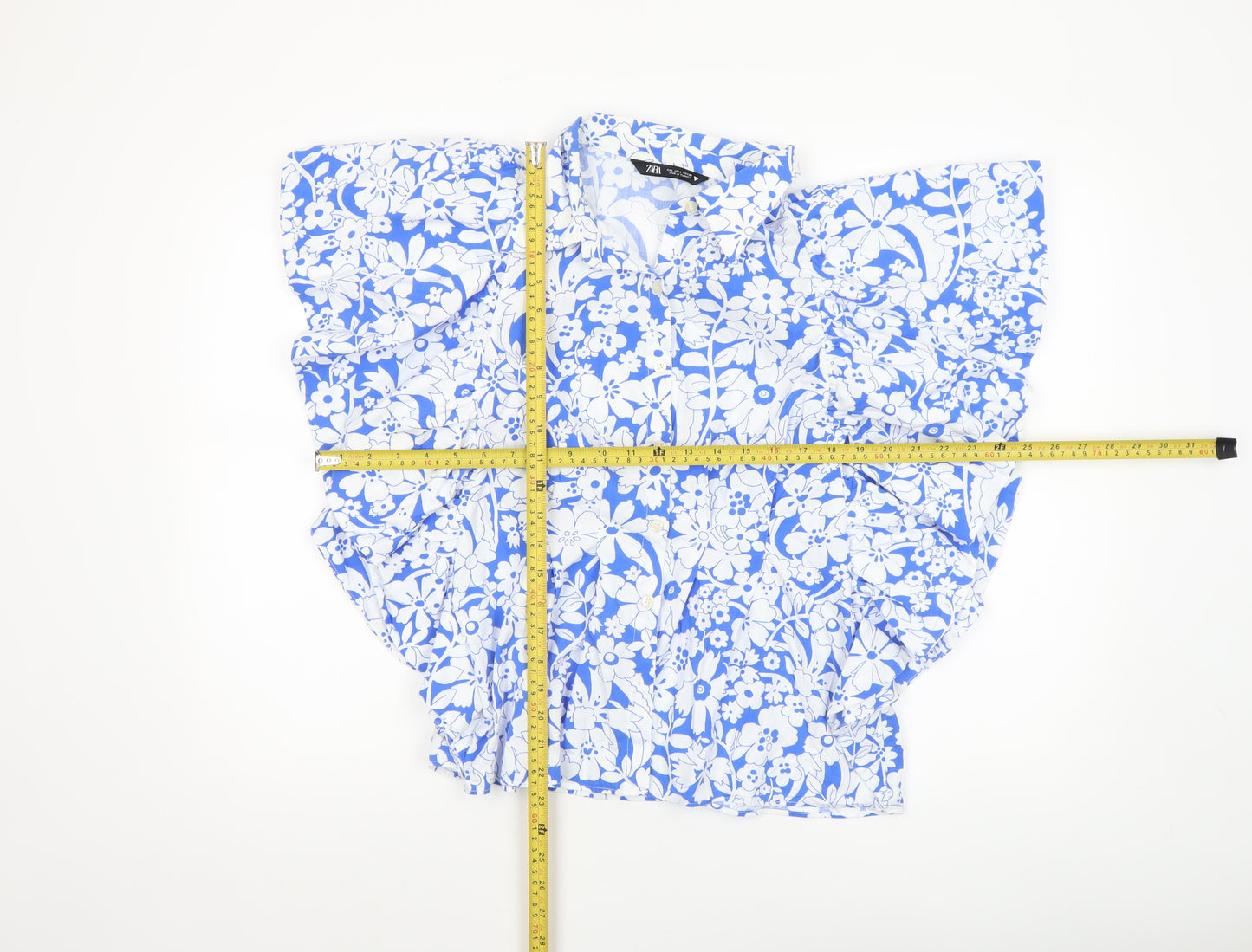 Zara Womens Blue Floral Cotton Ruffle Blouse Size L