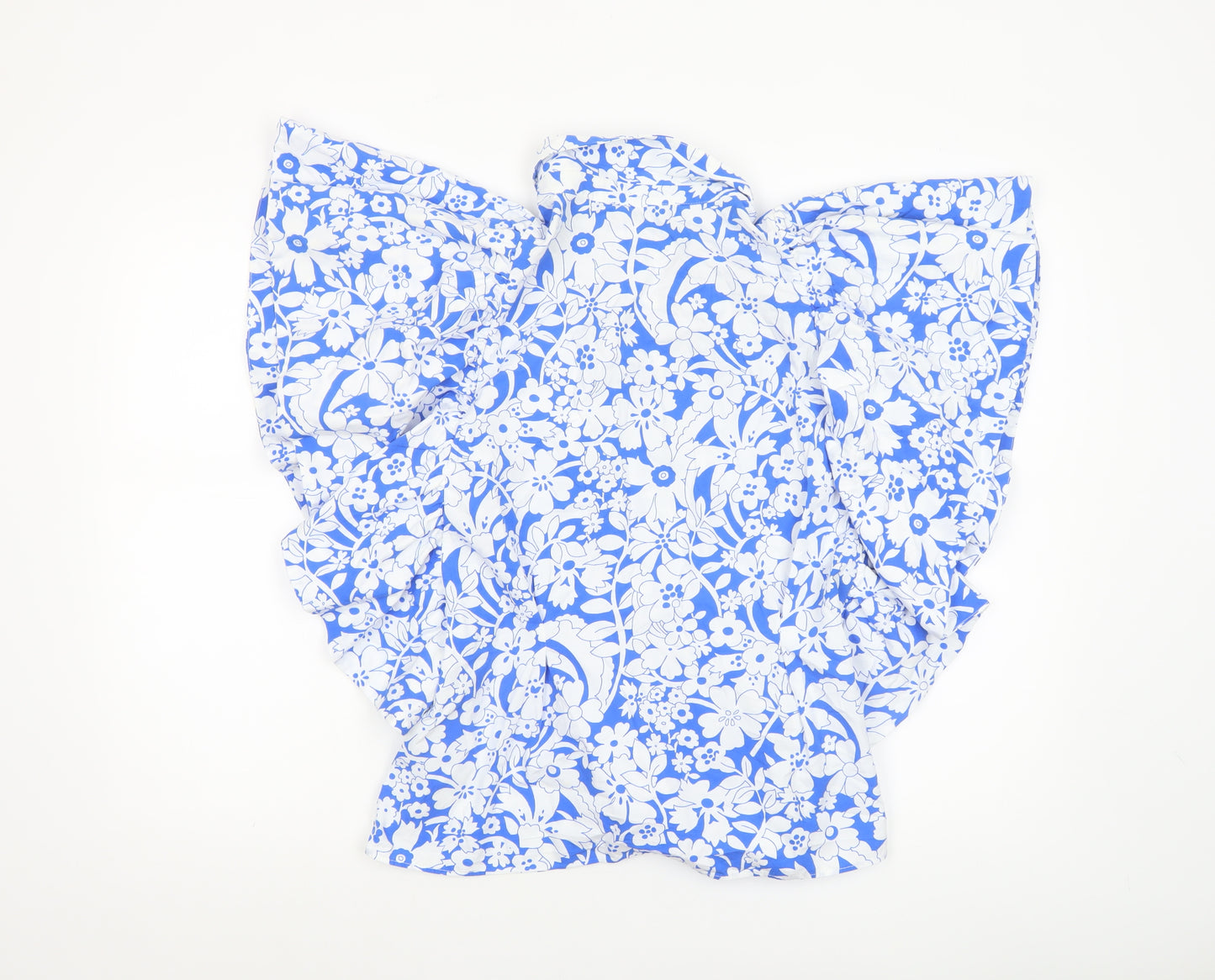 Zara Womens Blue Floral Cotton Ruffle Blouse Size L