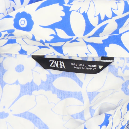 Zara Womens Blue Floral Cotton Ruffle Blouse Size L
