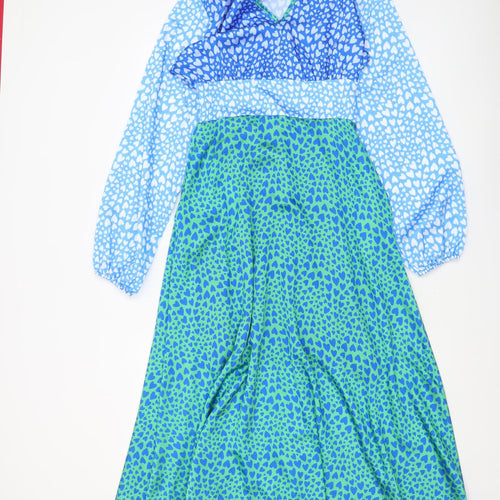 Pala D'oro Women's Blue Green Heart Print Midi A-Line Dress Size S