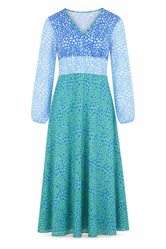Front view of Pala D'oro Women's Blue Green Heart Print Midi A-Line Dress, size S