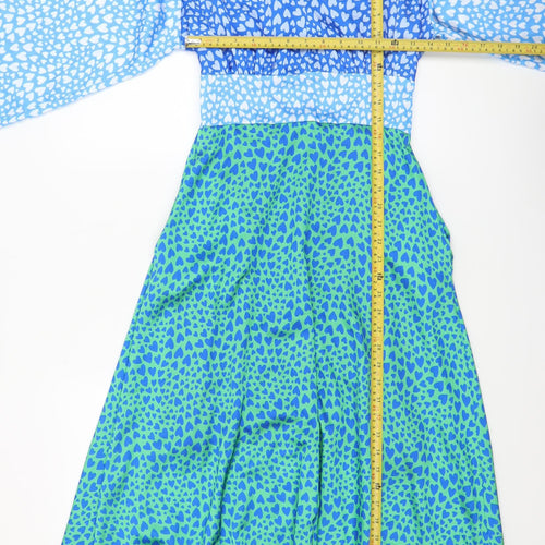 Pala D'oro Women's Blue Green Heart Print Midi A-Line Dress Size S