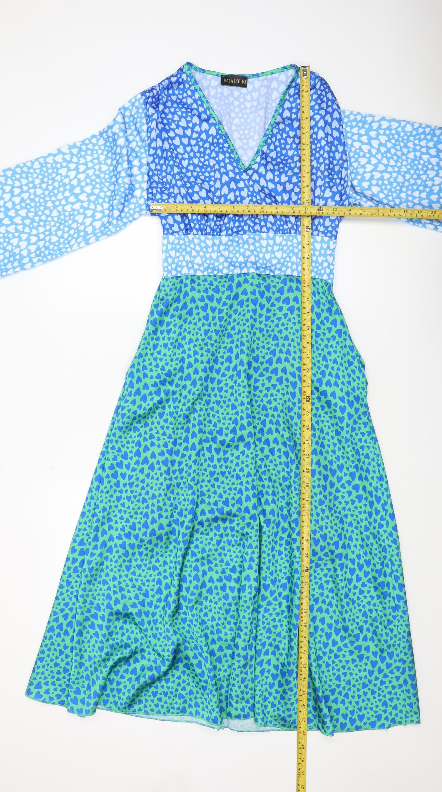 Pala D'oro Women's Blue Green Heart Print Midi A-Line Dress Size S