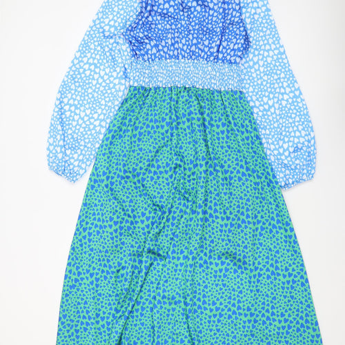 Pala D'oro Women's Blue Green Heart Print Midi A-Line Dress Size S