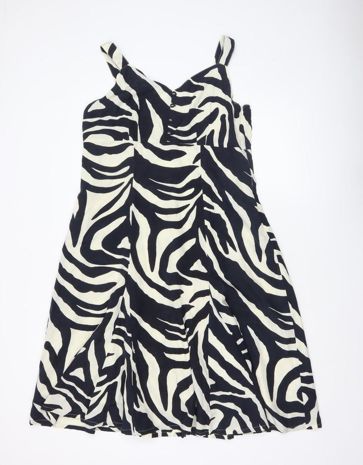 Jensen Women Black Zebra Print Silk Blend Sleeveless A-Line Dress Size 14