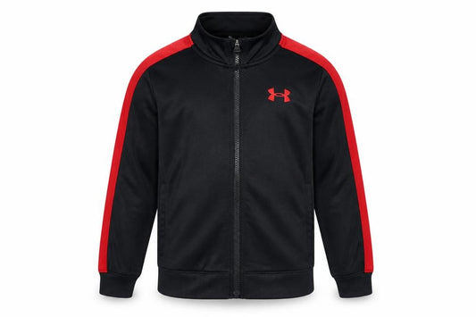 Front view of Under Armour boys’ black red track jacket 6-7 years full zip sportswear