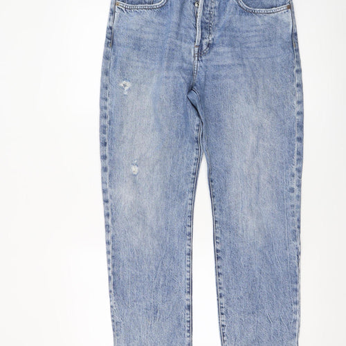 Mango Women Blue Distressed High Rise Straight Denim Jeans Size 10