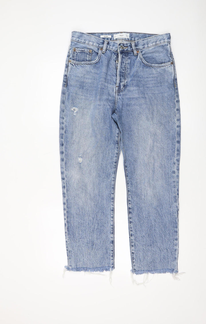 Mango Women Blue Distressed High Rise Straight Denim Jeans Size 10