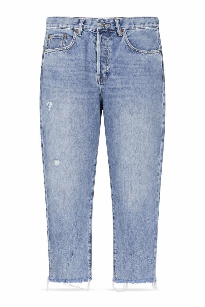 Front view of Mango Women Blue Distressed High Rise Straight Denim Jeans, size 10