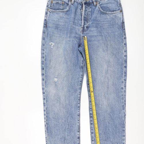 Mango Women Blue Distressed High Rise Straight Denim Jeans Size 10