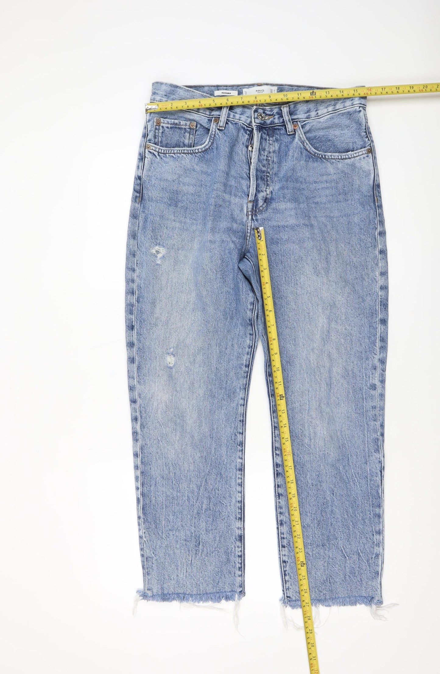 Mango Women Blue Distressed High Rise Straight Denim Jeans Size 10
