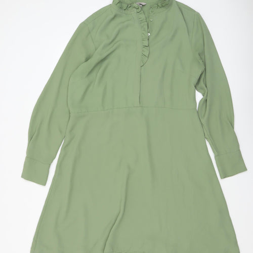 H&M Women Green A-Line Long Sleeve Ruffle High Neck Dress Size L
