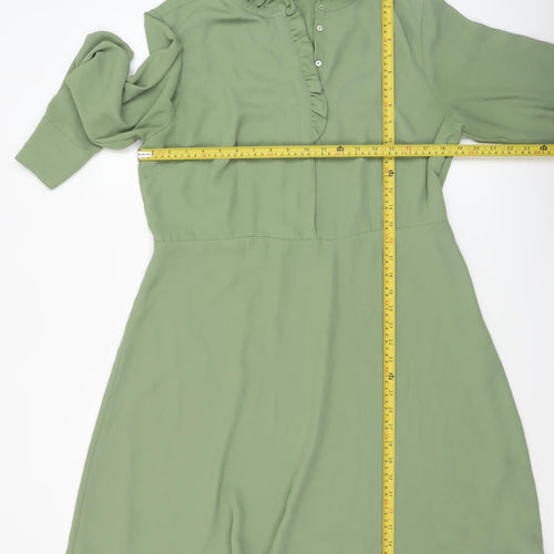 H&M Women Green A-Line Long Sleeve Ruffle High Neck Dress Size L
