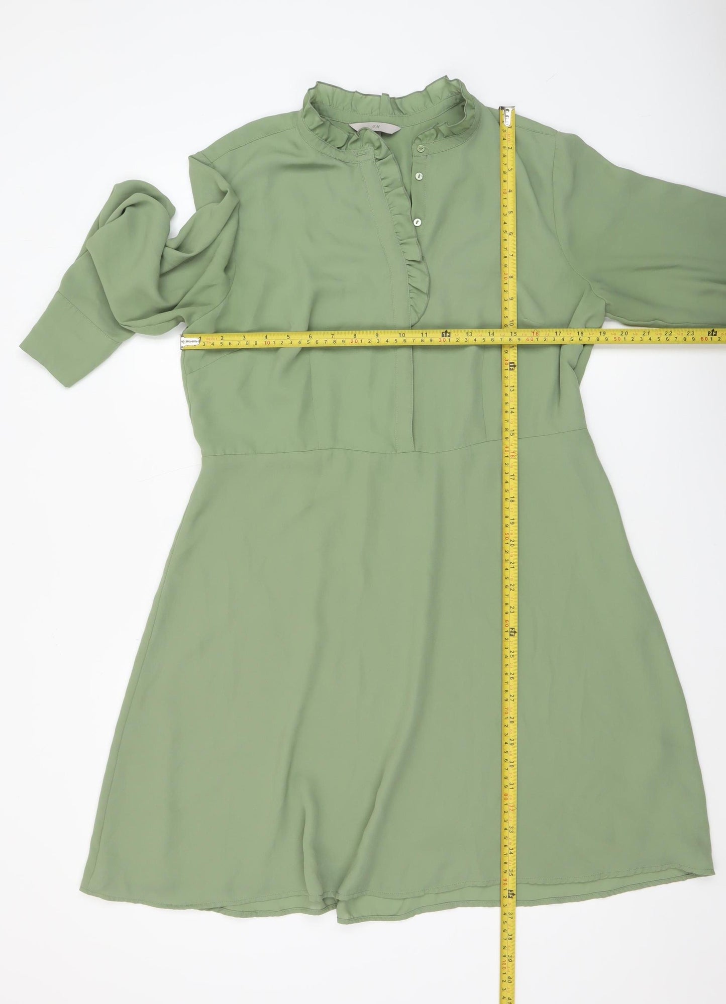 H&M Women Green A-Line Long Sleeve Ruffle High Neck Dress Size L