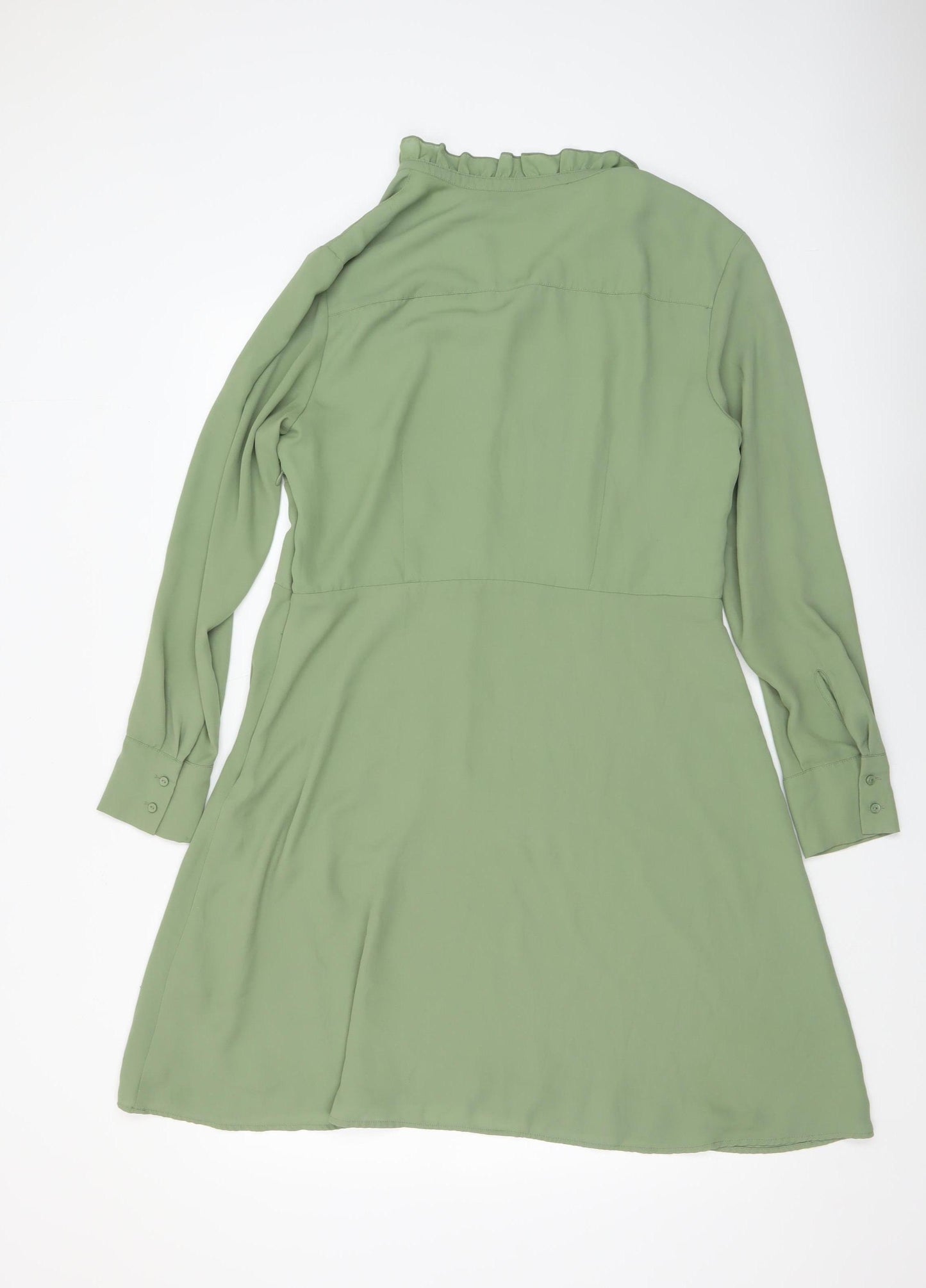 H&M Women Green A-Line Long Sleeve Ruffle High Neck Dress Size L