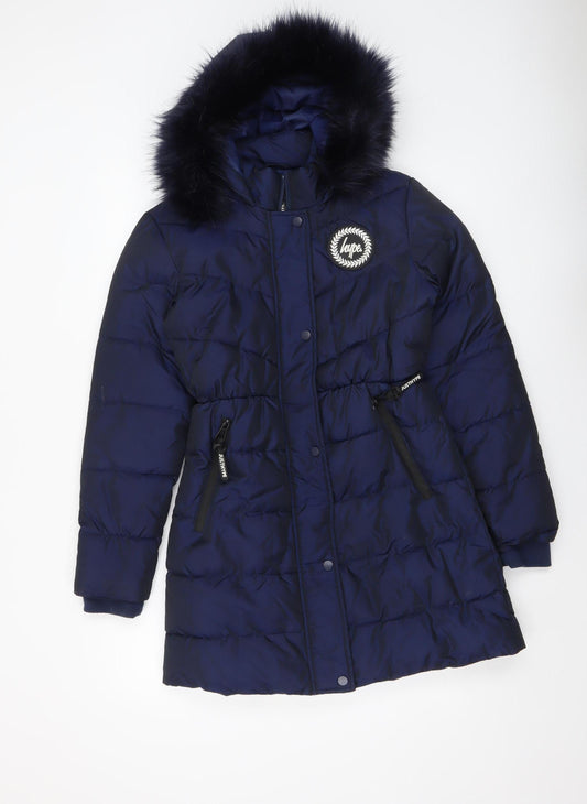 Hype Girls Blue Long Hooded Puffer Coat 14 Years Winter Jacket Faux Fur Trim