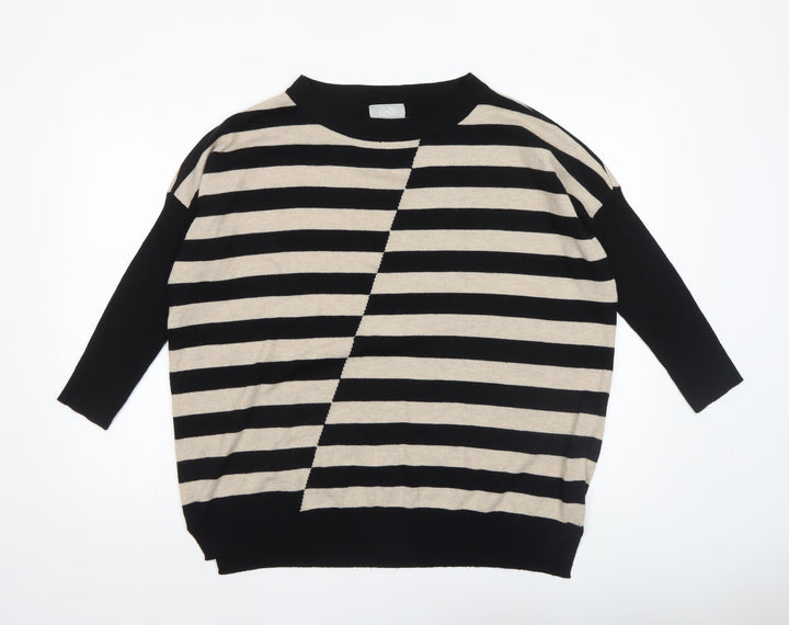 Wallis Women’s Black Beige Striped 3/4 Sleeve Relaxed Fit Jumper M