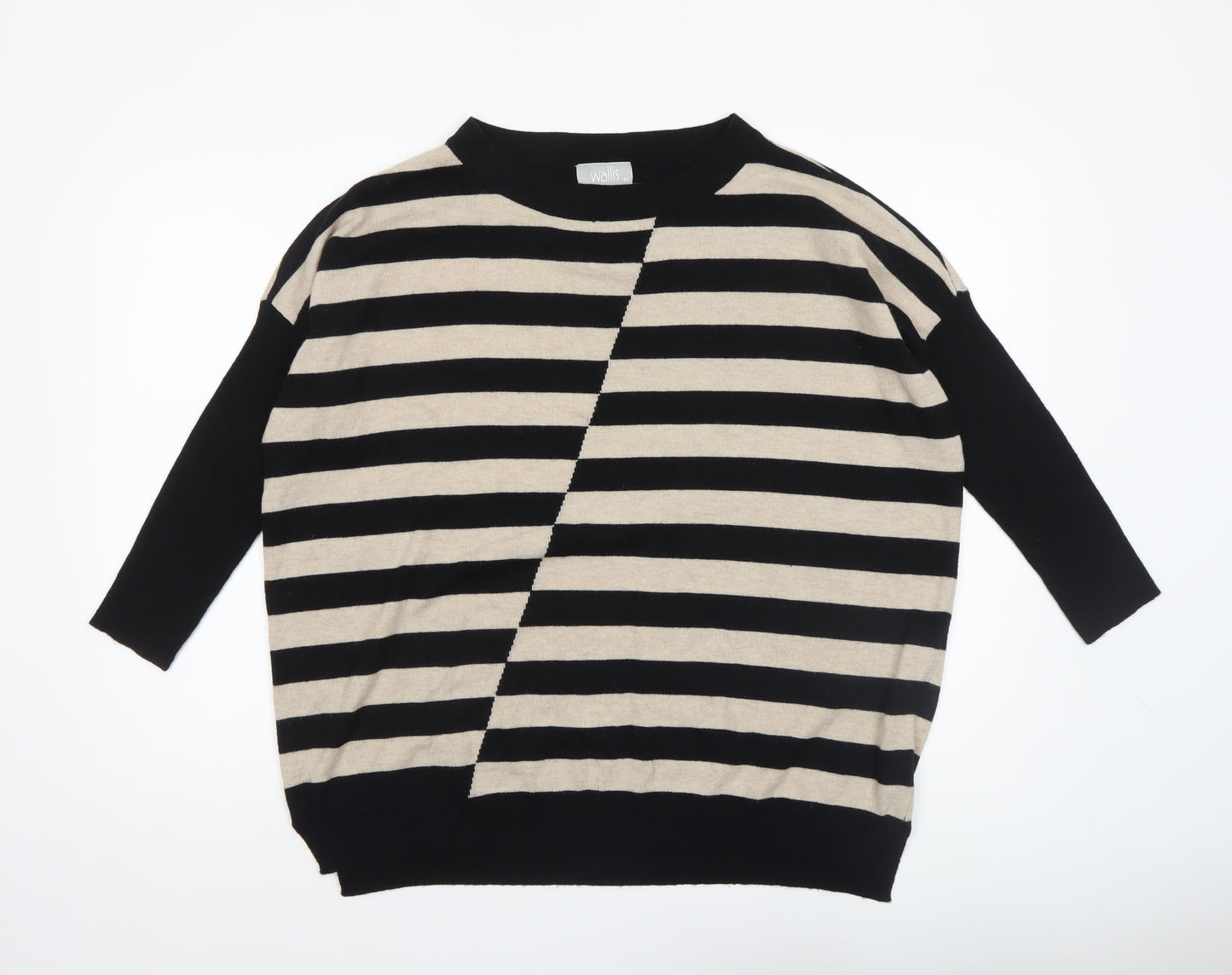 Wallis Women’s Black Beige Striped 3/4 Sleeve Relaxed Fit Jumper M