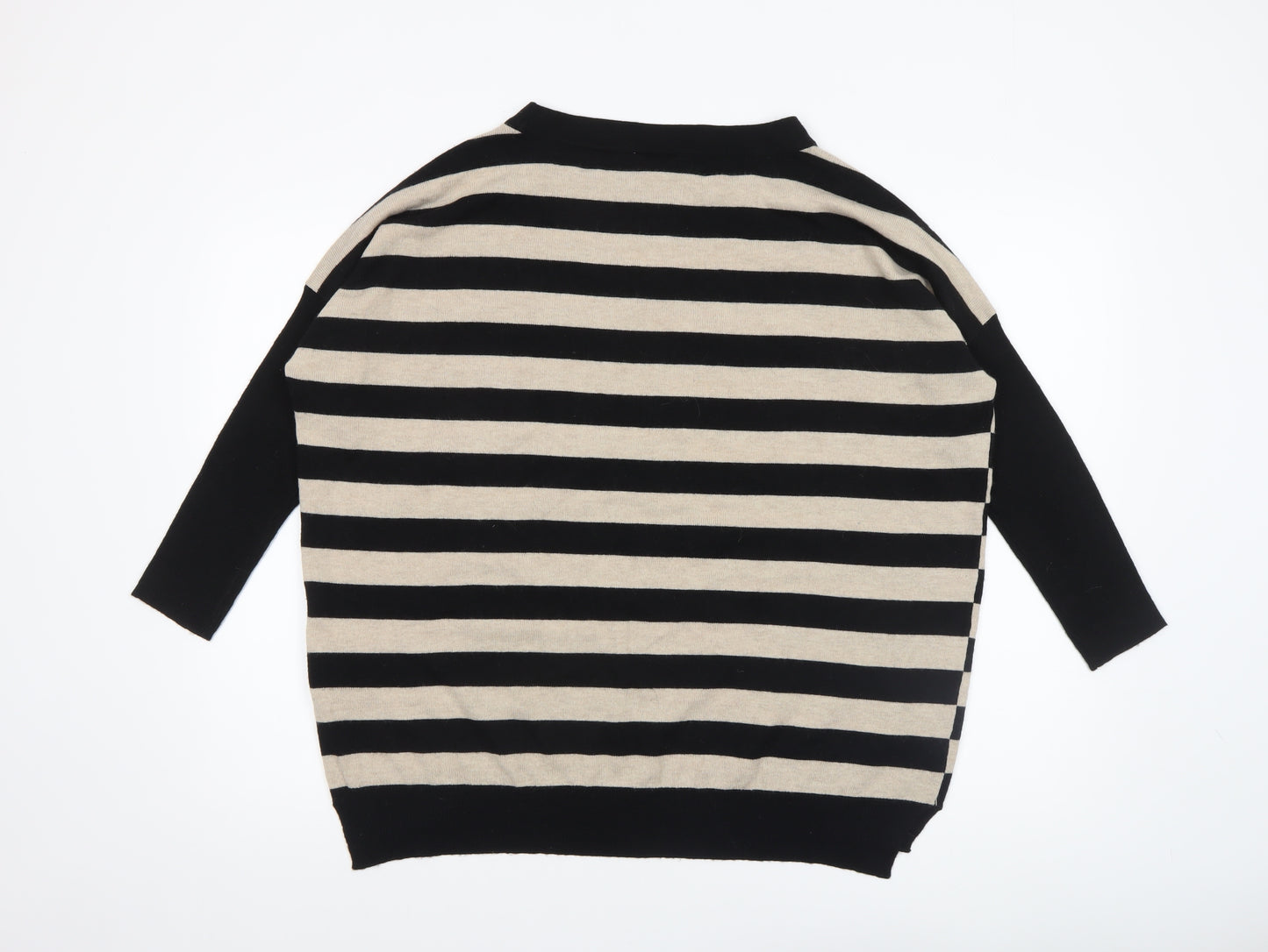 Wallis Women’s Black Beige Striped 3/4 Sleeve Relaxed Fit Jumper M