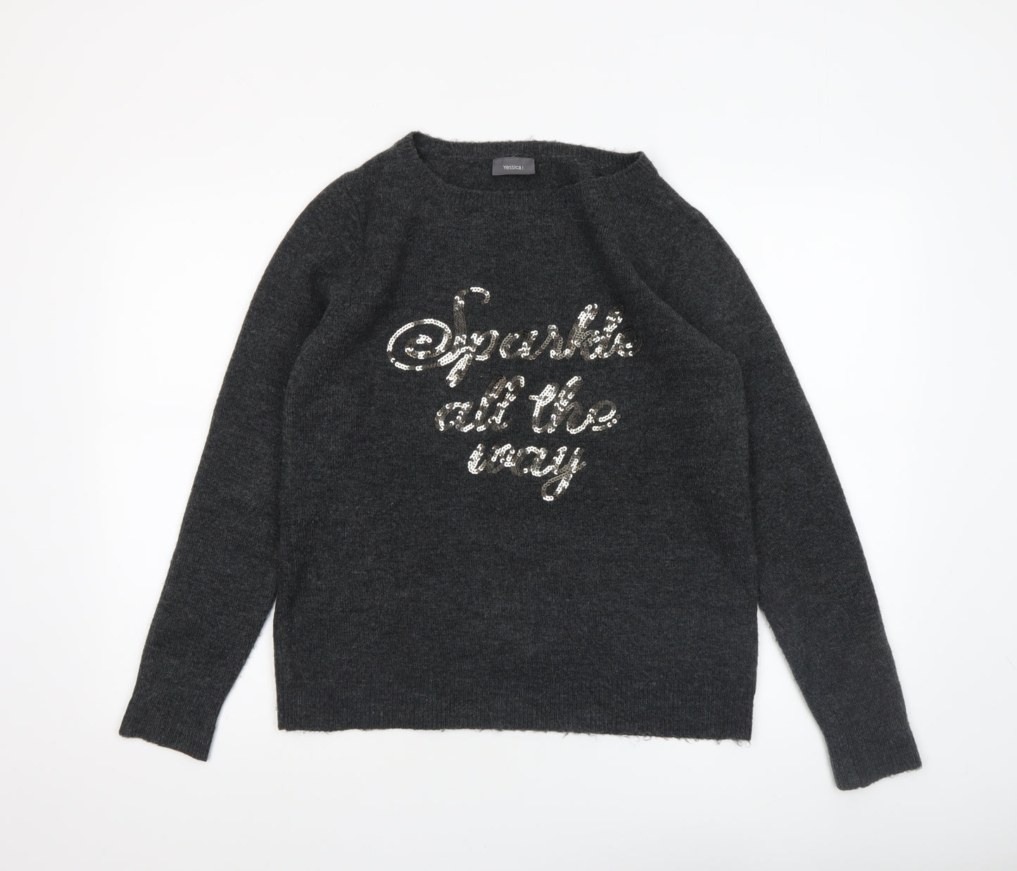 Yessica Women Grey Sequin Pullover Jumper Size M Crew Neck Knit