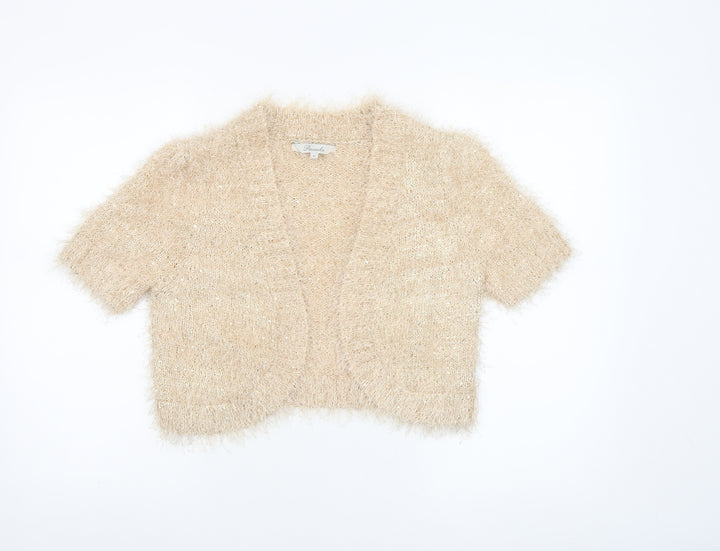 Peacocks Women's Beige Short Sleeve Sequin Open-Knit Cardigan M