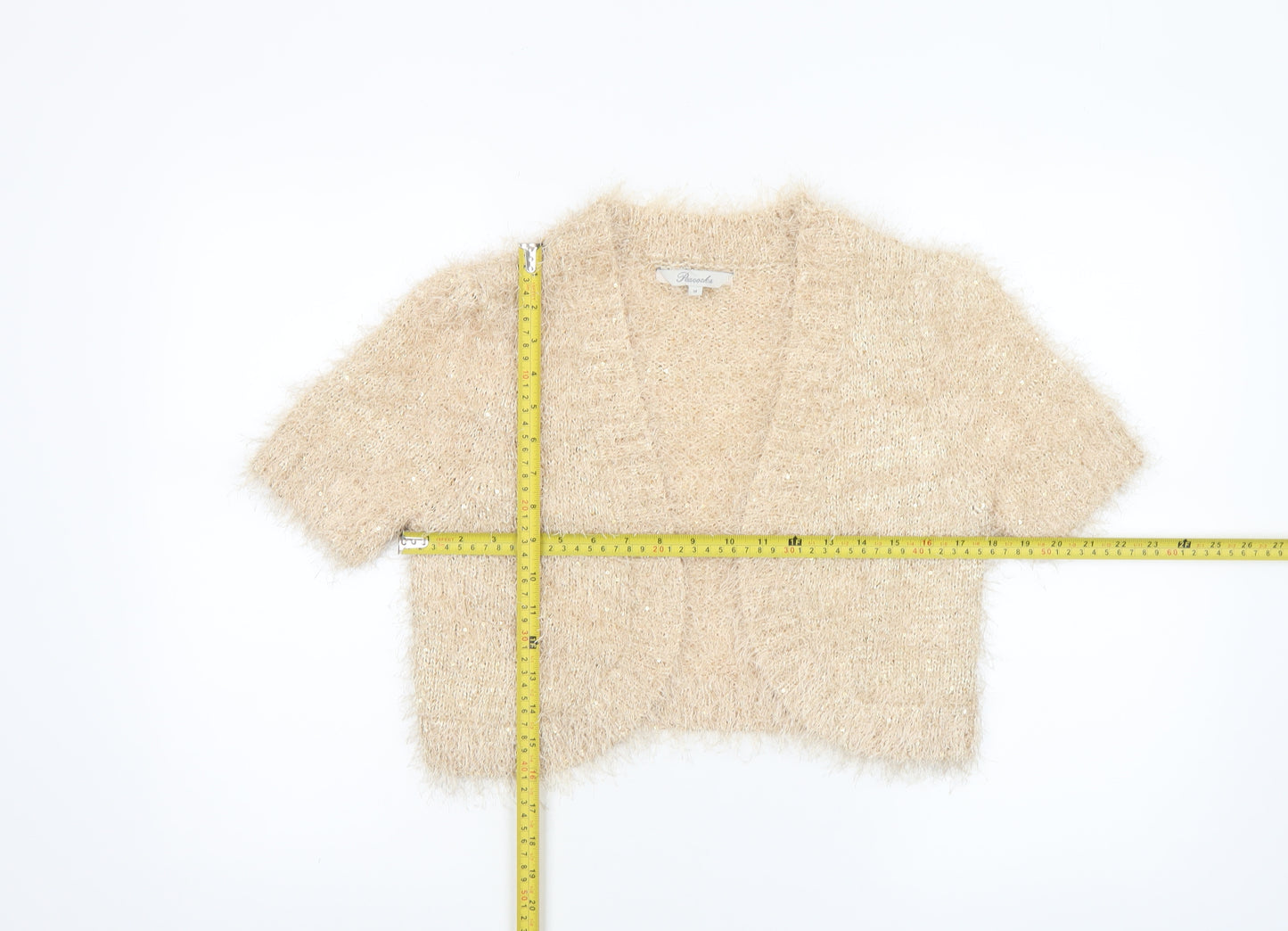 Peacocks Women's Beige Short Sleeve Sequin Open-Knit Cardigan M