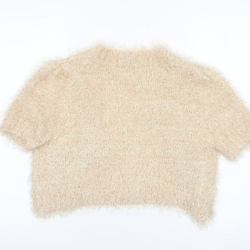 Peacocks Women's Beige Short Sleeve Sequin Open-Knit Cardigan M
