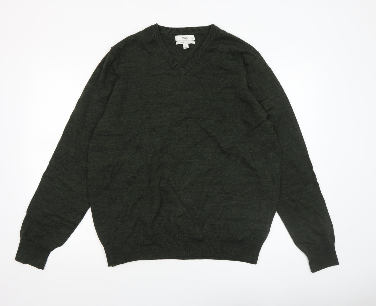 Marks and Spencer Men's Green XL V-Neck Cotton Jumper
