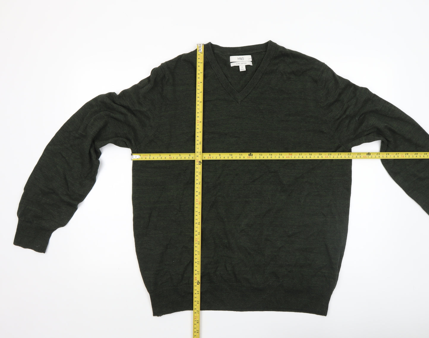 Marks and Spencer Men's Green XL V-Neck Cotton Jumper