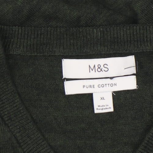 Marks and Spencer Men's Green XL V-Neck Cotton Jumper