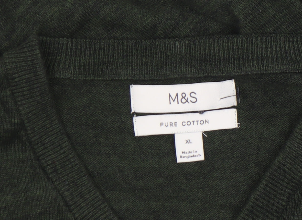 Marks and Spencer Men's Green XL V-Neck Cotton Jumper