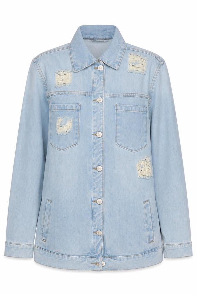 Front view of Denim Co. Women's Blue Distressed Denim Jacket, size 6