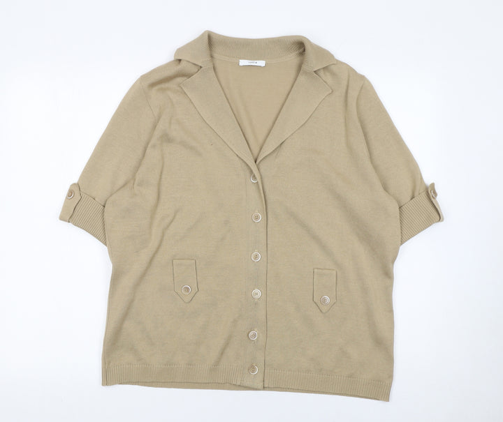 Lucia Women's Beige Short Sleeve Collared Knit Cardigan Size 16