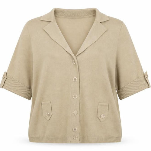 Lucia Women's Beige Short Sleeve Collared Knit Cardigan Size 16