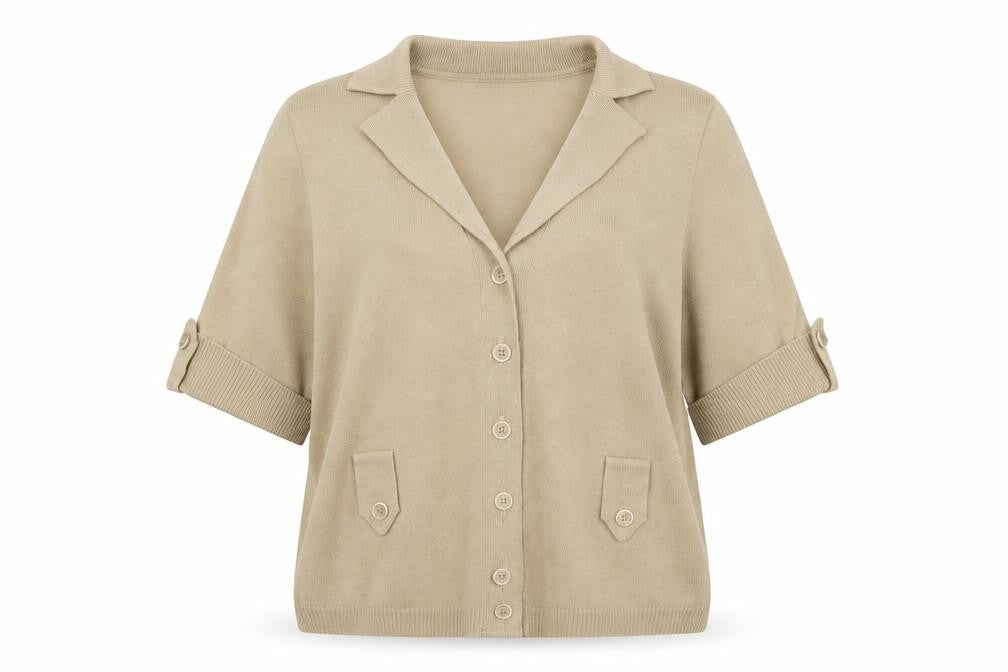 Lucia Women's Beige Short Sleeve Collared Knit Cardigan Size 16